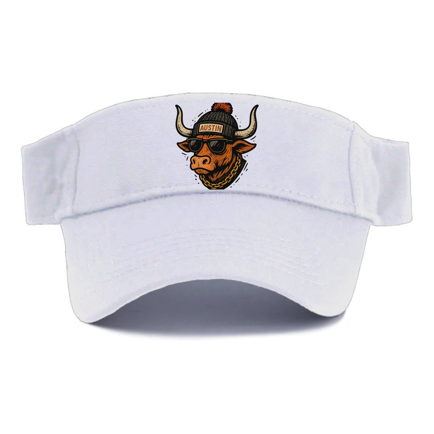 Texas Longhorn wearing Austin beanie with pom pom and wayfarer sunglasses - Visor - White