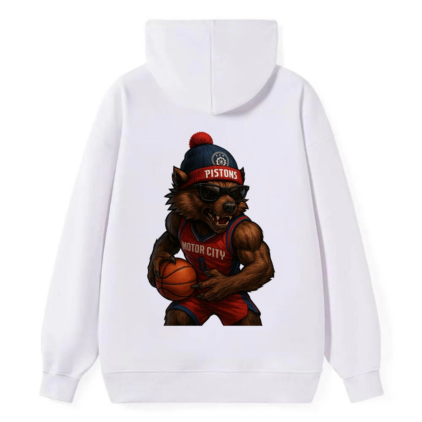 Motor City Wolverine wearing Pistons beanie with gear patch and wayfarer - Classic Pullover Hoodie - White