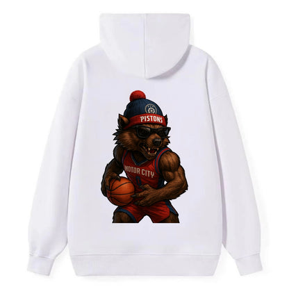 Motor City Wolverine wearing Pistons beanie with gear patch and wayfarer - Classic Pullover Hoodie - White