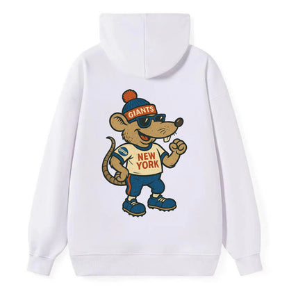New York Rat wearing Giants beanie with subway patch and wayfarer - Classic Pullover Hoodie - White