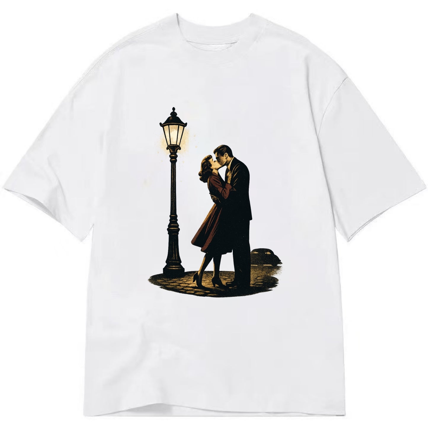 first kiss under vintage street lamp on cobblestone at night - Classic T-shirt - White