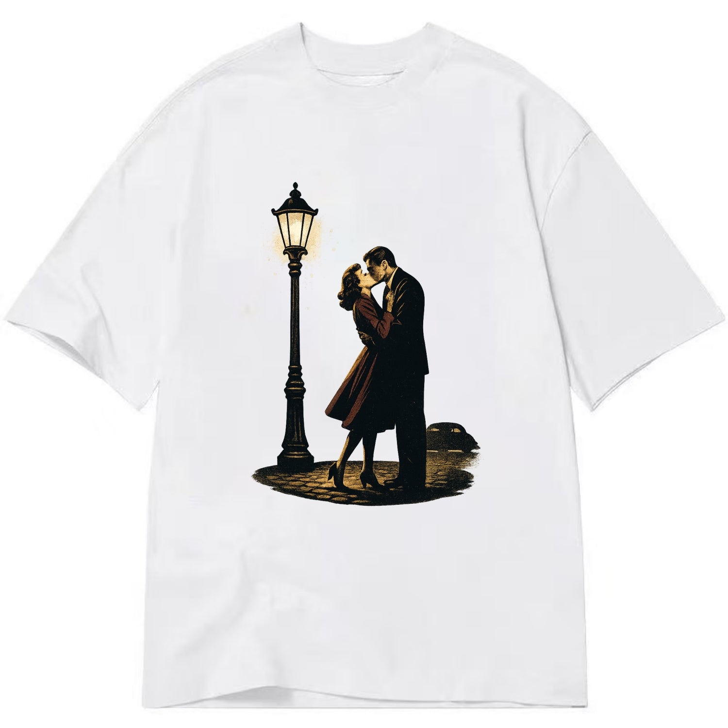 first kiss under vintage street lamp on cobblestone at night - Classic T-shirt - White
