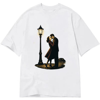 first kiss under vintage street lamp on cobblestone at night - Classic T-shirt - White