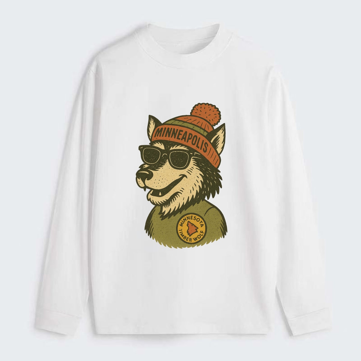 Minnesota Timber Wolf wearing Minneapolis beanie with pom pom and - Classic Long Sleeve Shirt - White