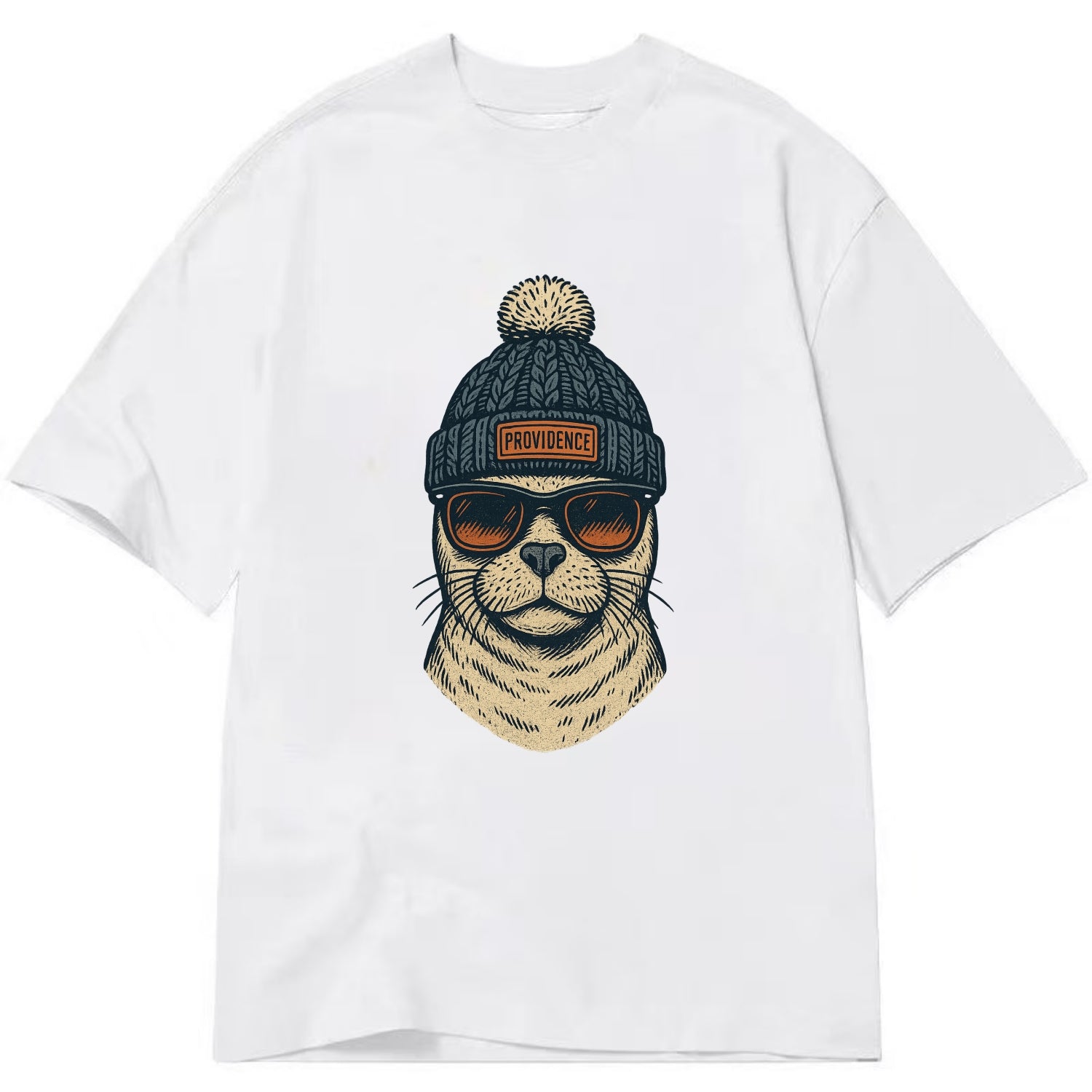 Rhode Island Harbor Seal wearing Providence beanie with pom pom and wayfarer - Classic T-shirt - White