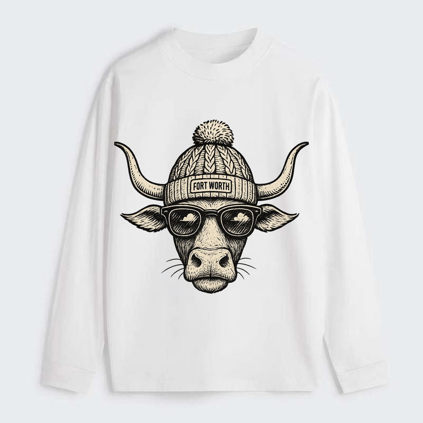 Fort Worth Longhorn wearing Fort Worth beanie with pom pom and wayfarer - Classic Long Sleeve Shirt - White