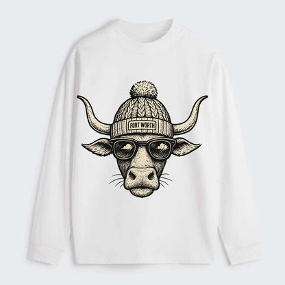 Fort Worth Longhorn wearing Fort Worth beanie with pom pom and wayfarer - Classic Long Sleeve Shirt - White
