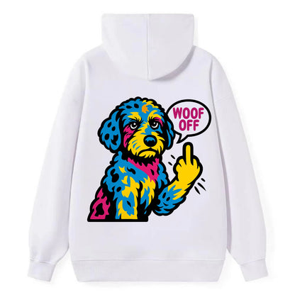 Aussiedoodle with merle patches and curly coat, playful smart paw raised - Classic Pullover Hoodie - White