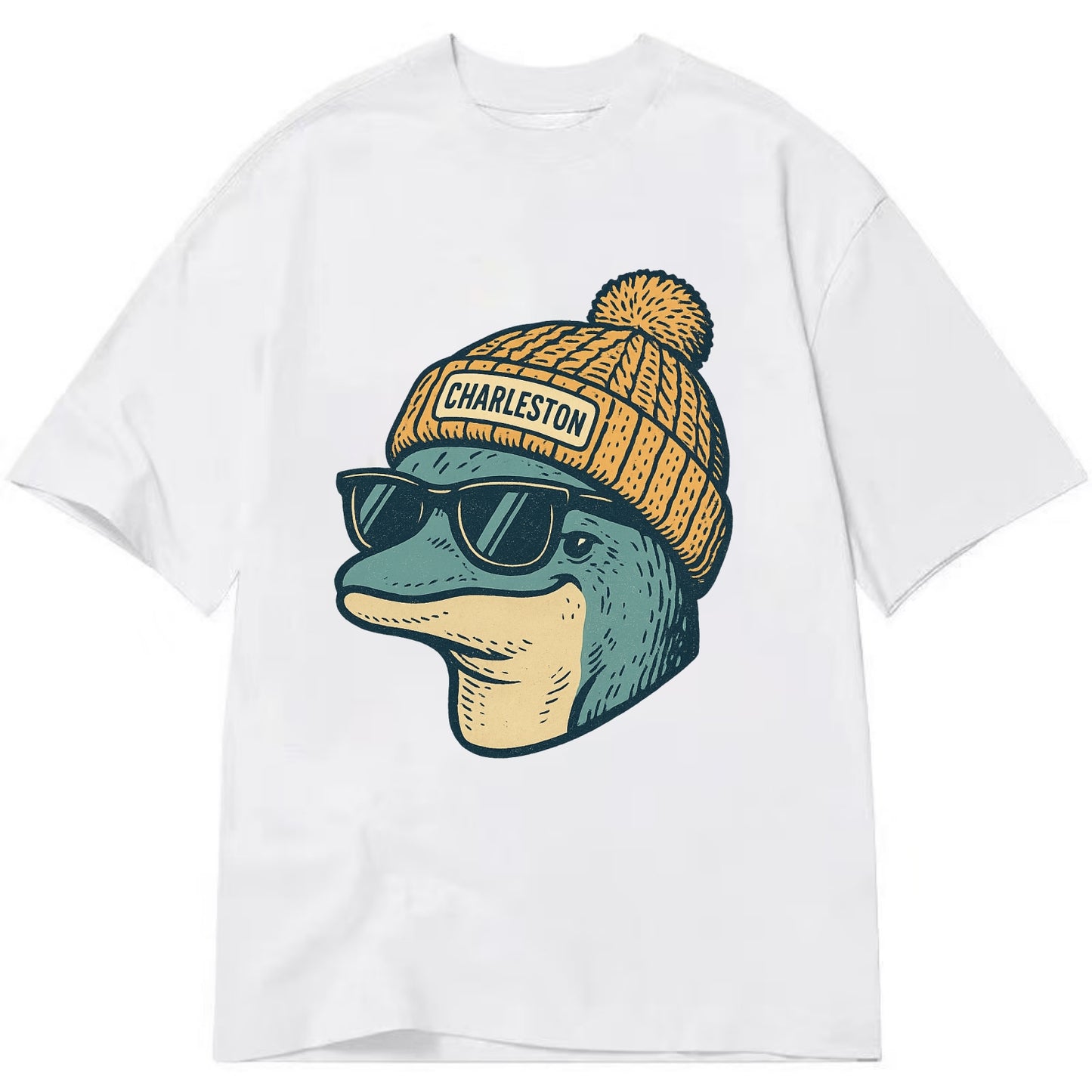 Charleston Dolphin wearing Charleston beanie with pom pom and wayfarer sunglasses - Classic T-shirt - White