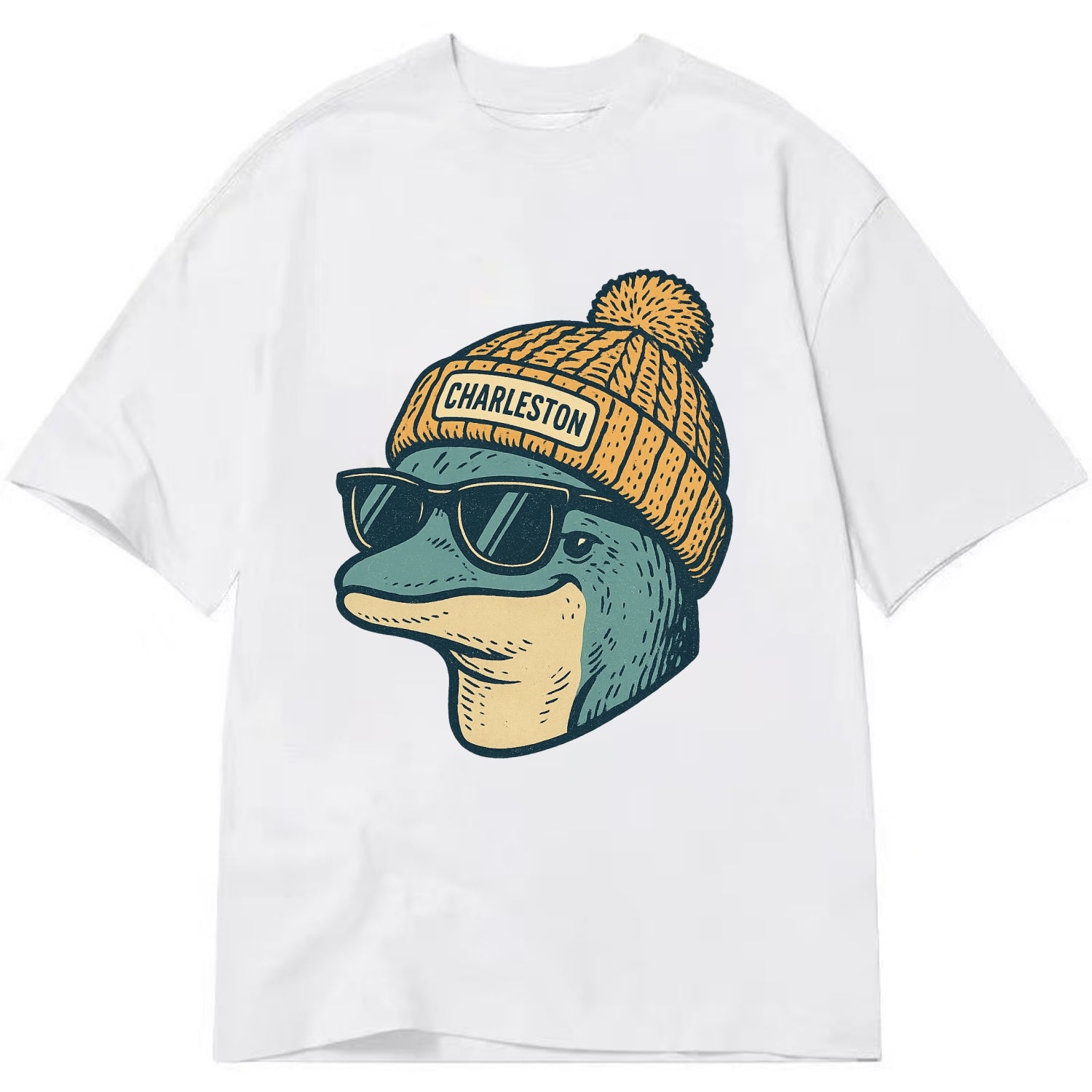 Charleston Dolphin wearing Charleston beanie with pom pom and wayfarer sunglasses - Classic T-shirt - White