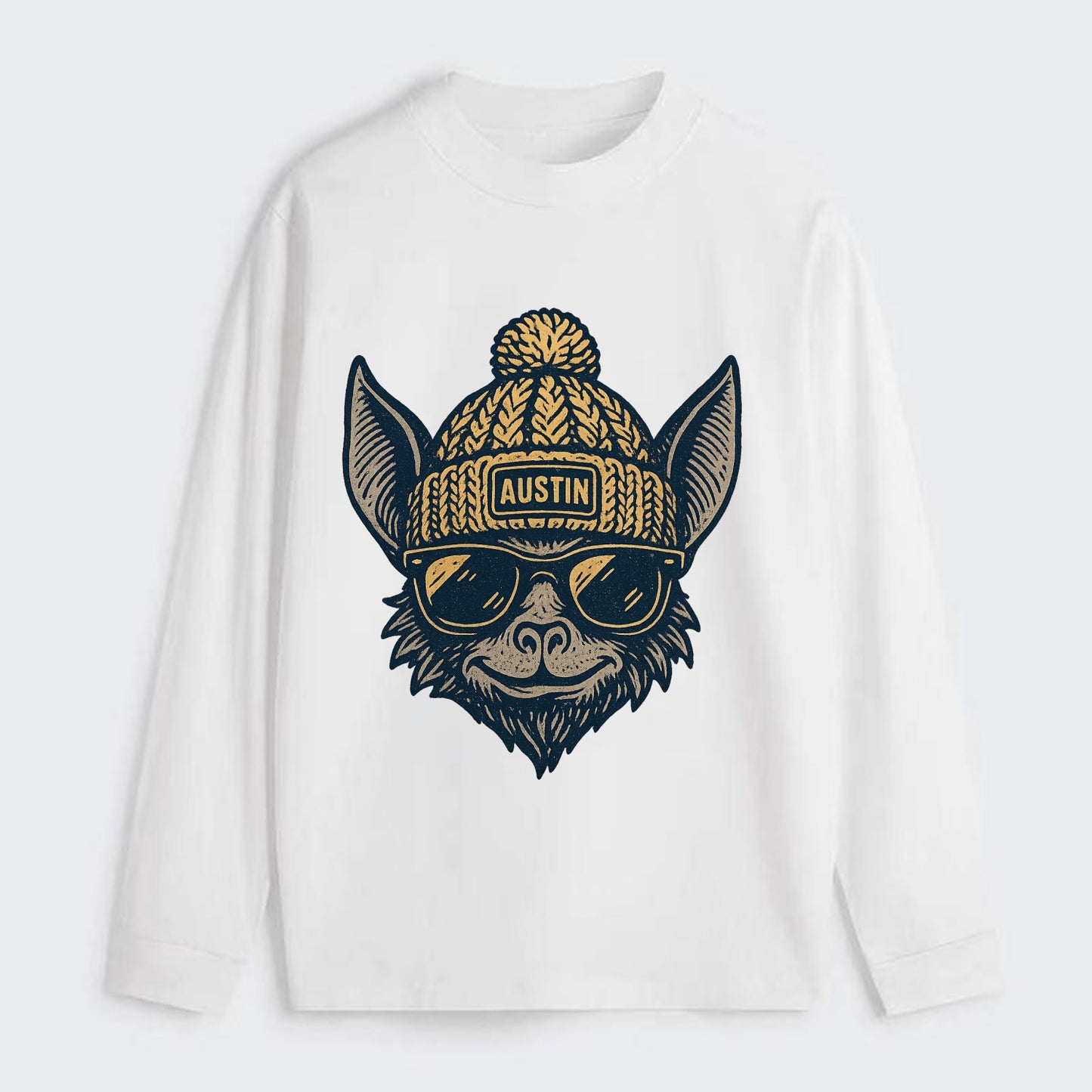 Austin Bat wearing Austin beanie with pom pom and wayfarer sunglasses - Classic Long Sleeve Shirt - White