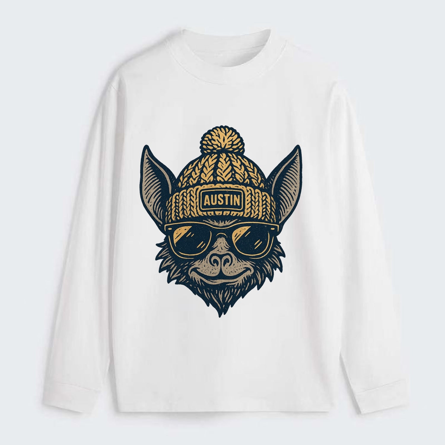 Austin Bat wearing Austin beanie with pom pom and wayfarer sunglasses - Classic Long Sleeve Shirt - White