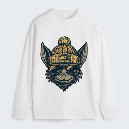 Austin Bat wearing Austin beanie with pom pom and wayfarer sunglasses - Classic Long Sleeve Shirt - White