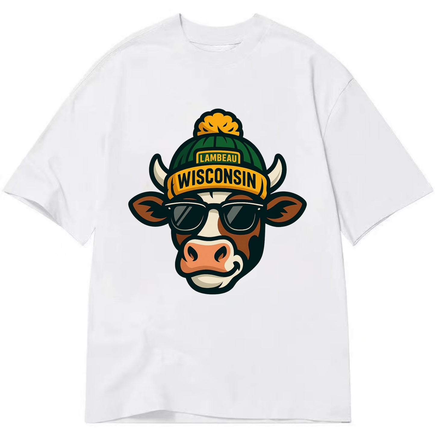 Wisconsin Cow wearing Packers beanie with Lambeau patch and wayfarer sunglasses - Classic T-shirt - White