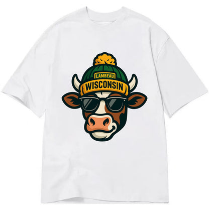 Wisconsin Cow wearing Packers beanie with Lambeau patch and wayfarer sunglasses - Classic T-shirt - White