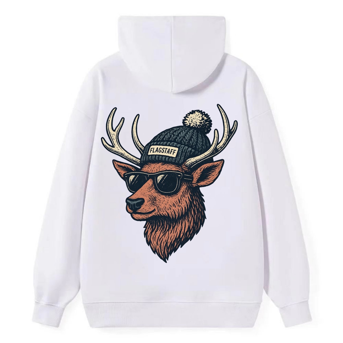 Flagstaff Elk wearing Flagstaff beanie with pom pom and wayfarer - Classic Pullover Hoodie - White