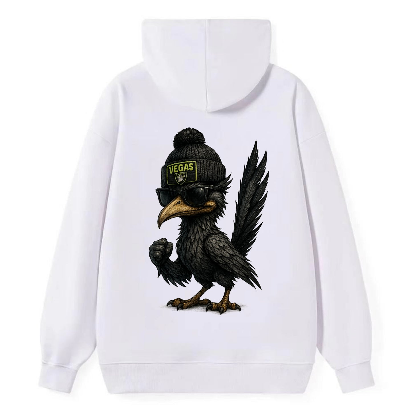 Vegas Roadrunner wearing Raiders beanie with neon patch and wayfarer - Classic Pullover Hoodie - White