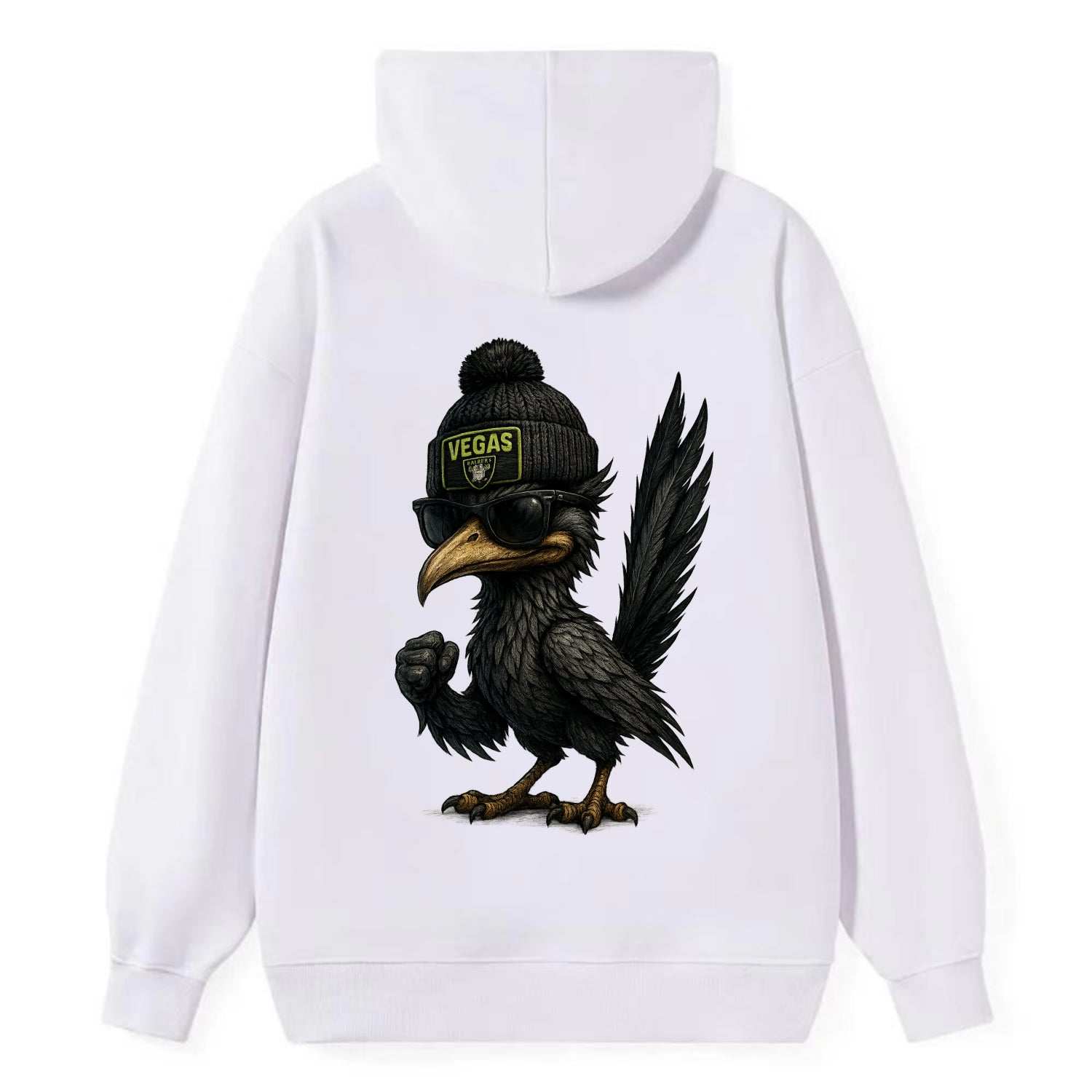 Vegas Roadrunner wearing Raiders beanie with neon patch and wayfarer - Classic Pullover Hoodie - White