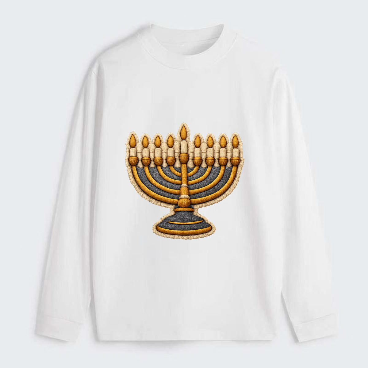 MENORAH LIGHTS - nine branch candelabra in gold and blue , Hanukkah - Classic Long Sleeve Shirt - White