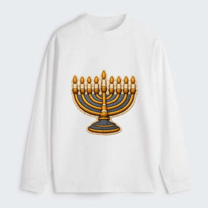 MENORAH LIGHTS - nine branch candelabra in gold and blue , Hanukkah - Classic Long Sleeve Shirt - White