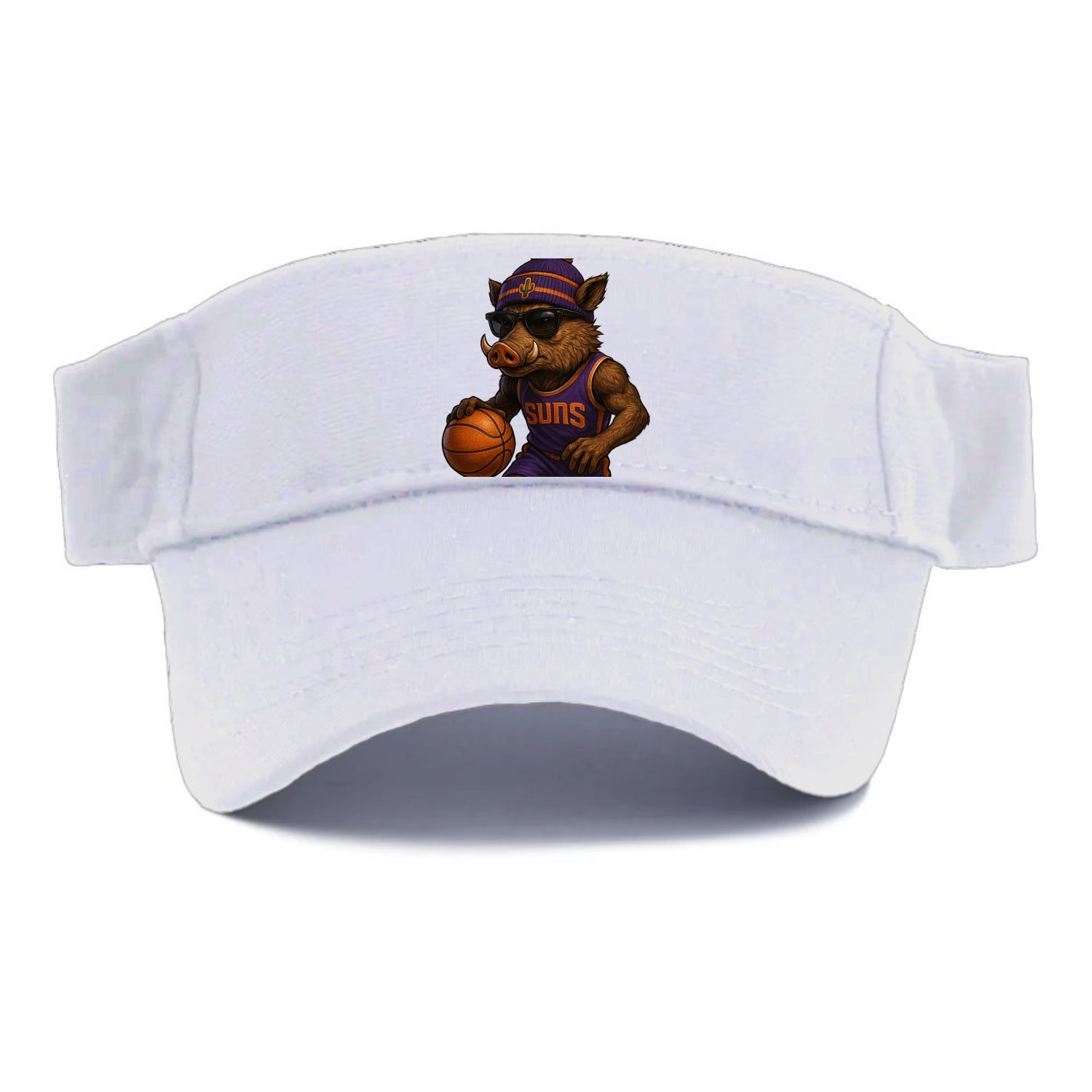 Phoenix Javelina wearing Suns beanie with cactus patch and wayfarer sunglasses - Visor - White