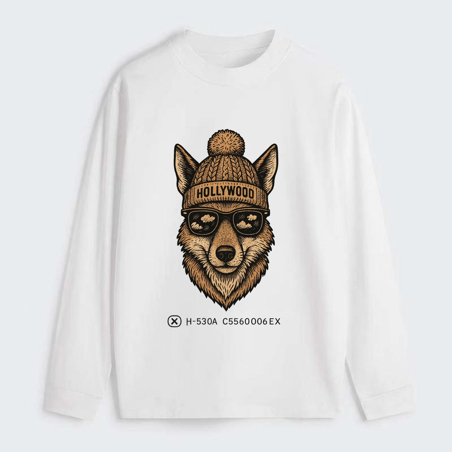 LA Coyote wearing Hollywood beanie with pom pom and wayfarer sunglasses - Classic Long Sleeve Shirt - White