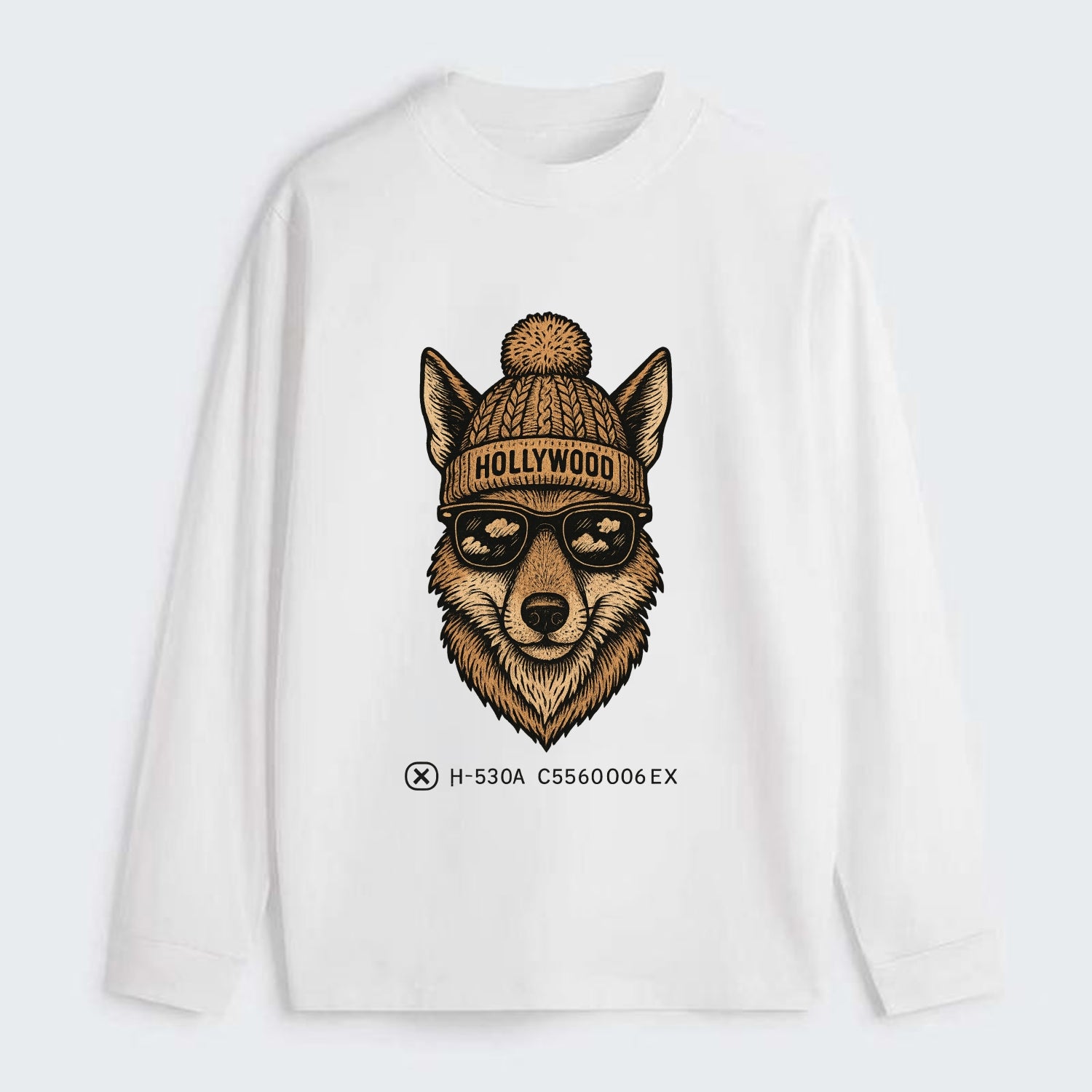 LA Coyote wearing Hollywood beanie with pom pom and wayfarer sunglasses - Classic Long Sleeve Shirt - White