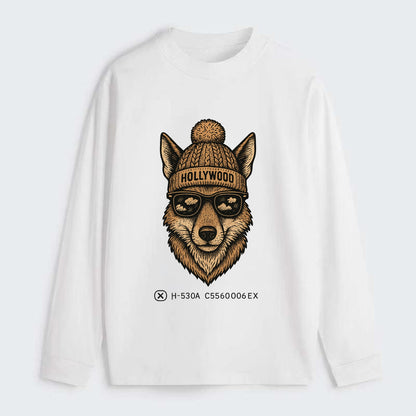 LA Coyote wearing Hollywood beanie with pom pom and wayfarer sunglasses - Classic Long Sleeve Shirt - White