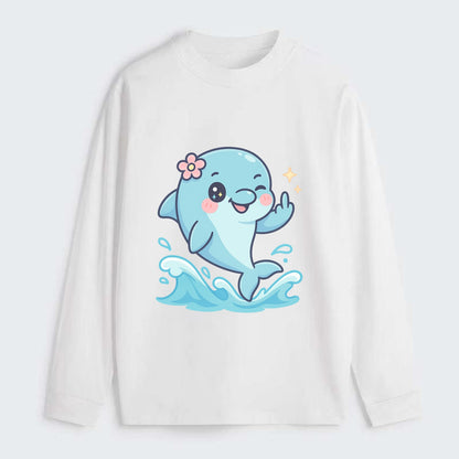 smiling dolphin jumping through ocean waves, one fin up with attitude - Classic Long Sleeve Shirt - White