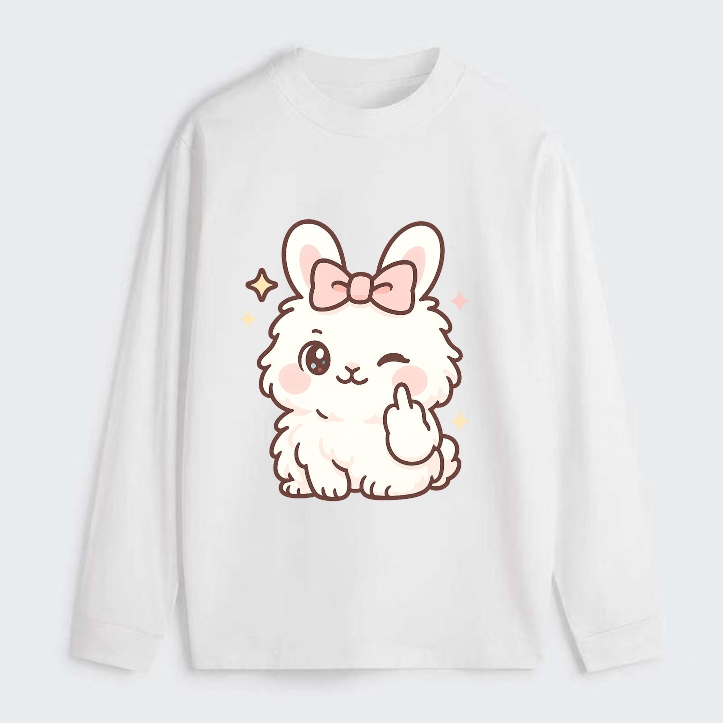 fluffy white angora rabbit with pink bow, one paw delicately flipping - Classic Long Sleeve Shirt - White