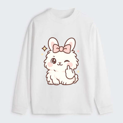 fluffy white angora rabbit with pink bow, one paw delicately flipping - Classic Long Sleeve Shirt - White