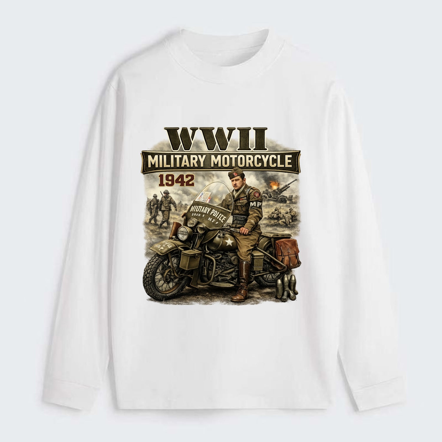 Wwii Military Motorcycle 1942 - Classic Long Sleeve Shirt - White