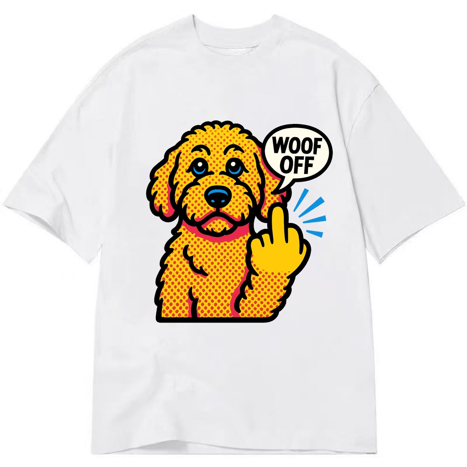 Goldendoodle with teddy bear face and curly golden coat, friendly paw flipping off - Classic T-shirt - White