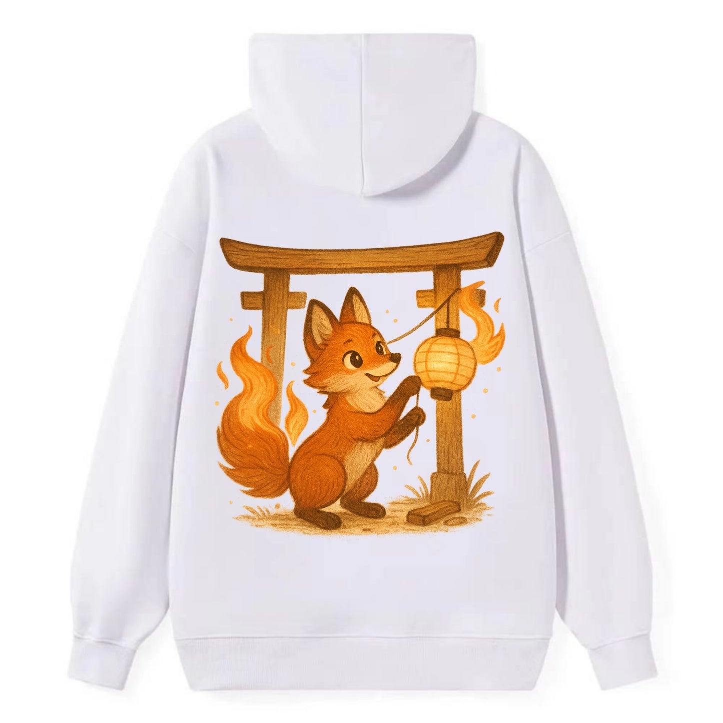 Foxfire kitsune stringing lanterns along a torii gate with tails of - Classic Pullover Hoodie - White