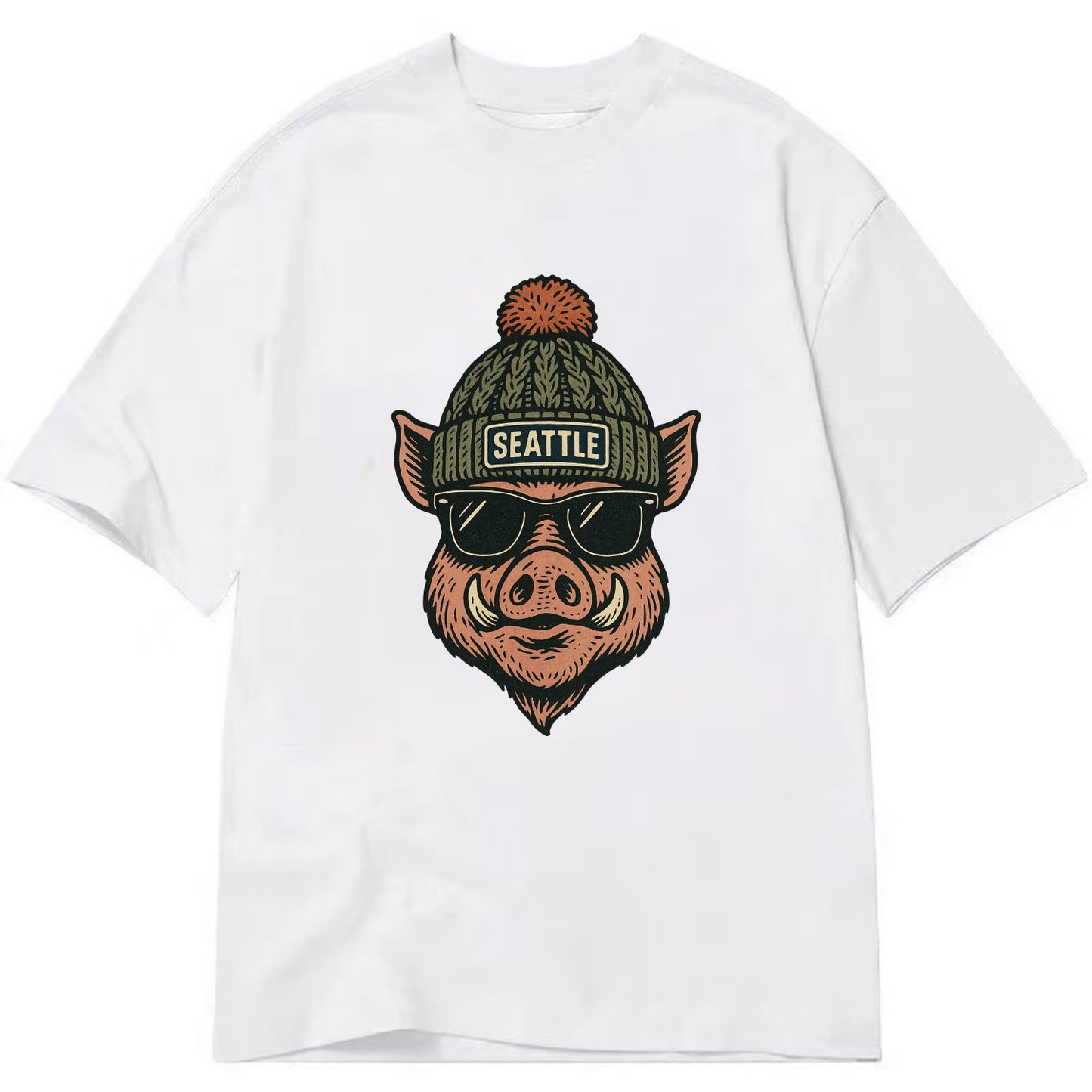 Washington Hog wearing Seattle beanie with pom pom and wayfarer sunglasses - Classic T-shirt - White