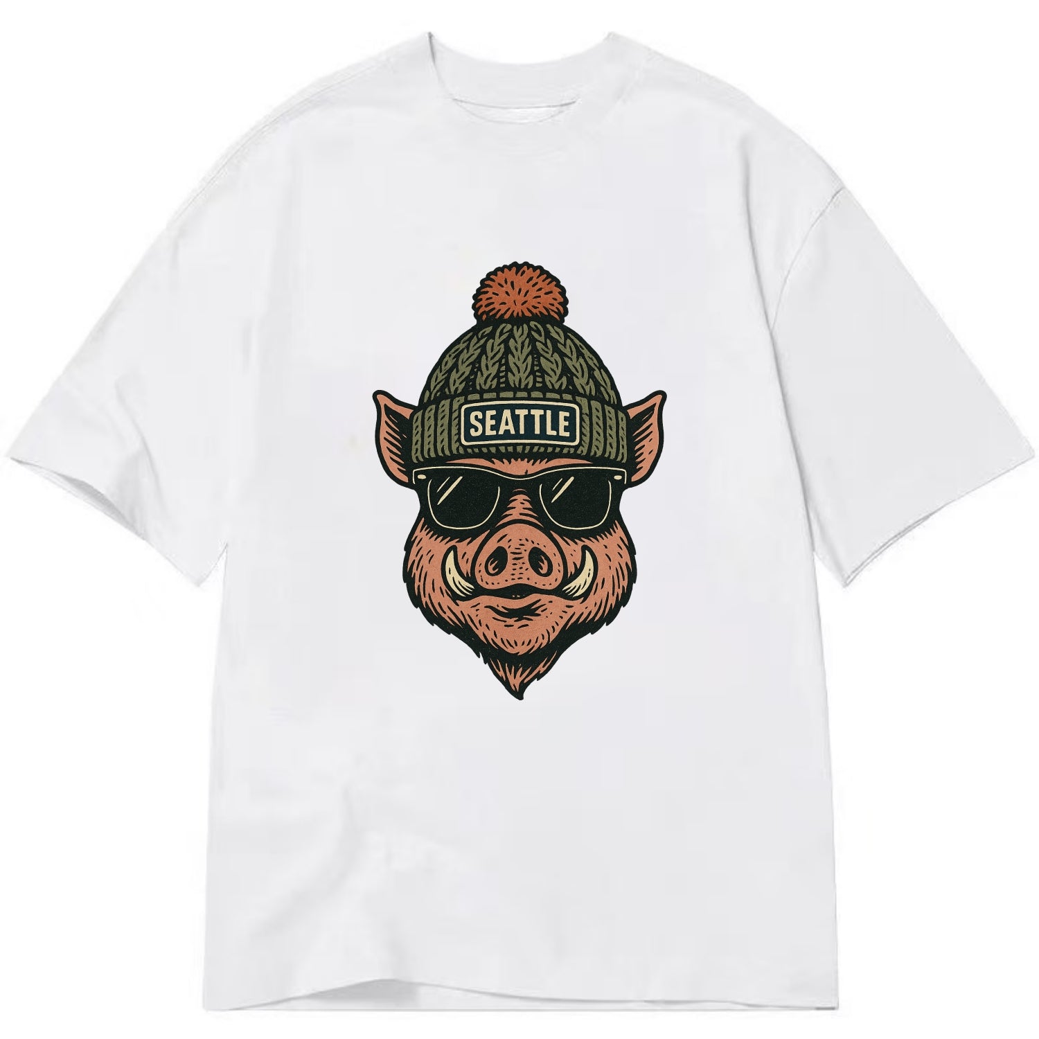 Washington Hog wearing Seattle beanie with pom pom and wayfarer sunglasses - Classic T-shirt - White