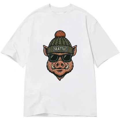 Washington Hog wearing Seattle beanie with pom pom and wayfarer sunglasses - Classic T-shirt - White