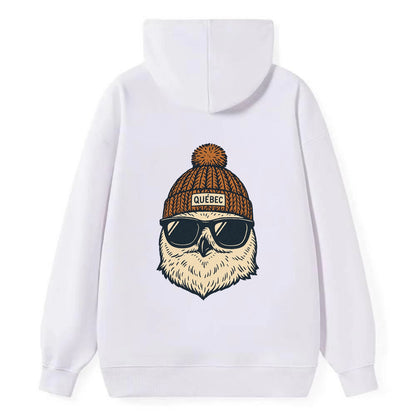 Quebec City Snowy Owl wearing Quebec beanie with pom pom and wayfarer - Classic Pullover Hoodie - White