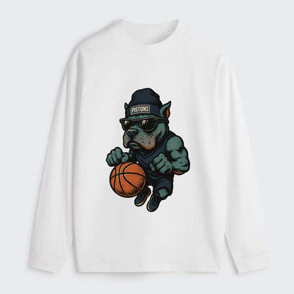 Detroit Pitbull wearing Pistons beanie with chrome patch and wayfarer - Classic Long Sleeve Shirt - White