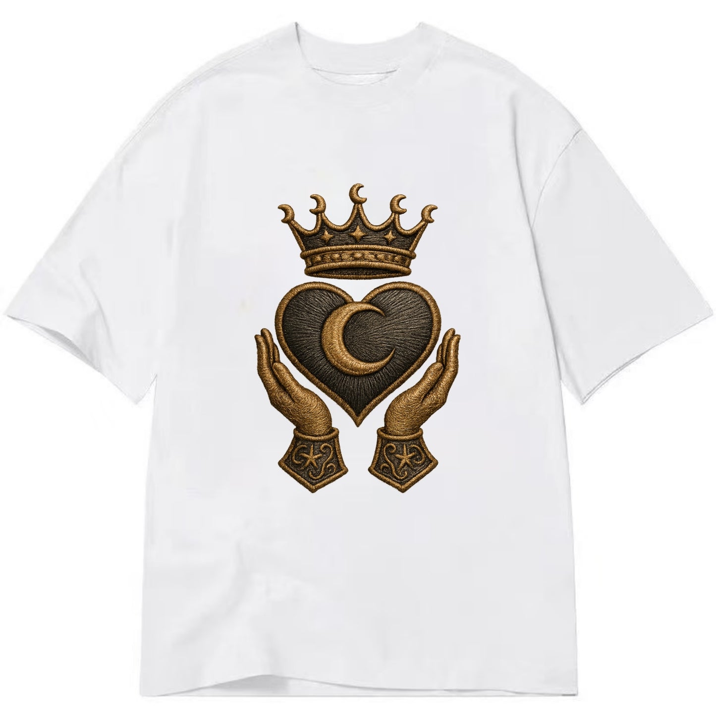 Moonlit crescent crown cradling a hematite heart with stargazer hands cupped - Classic T-shirt - White