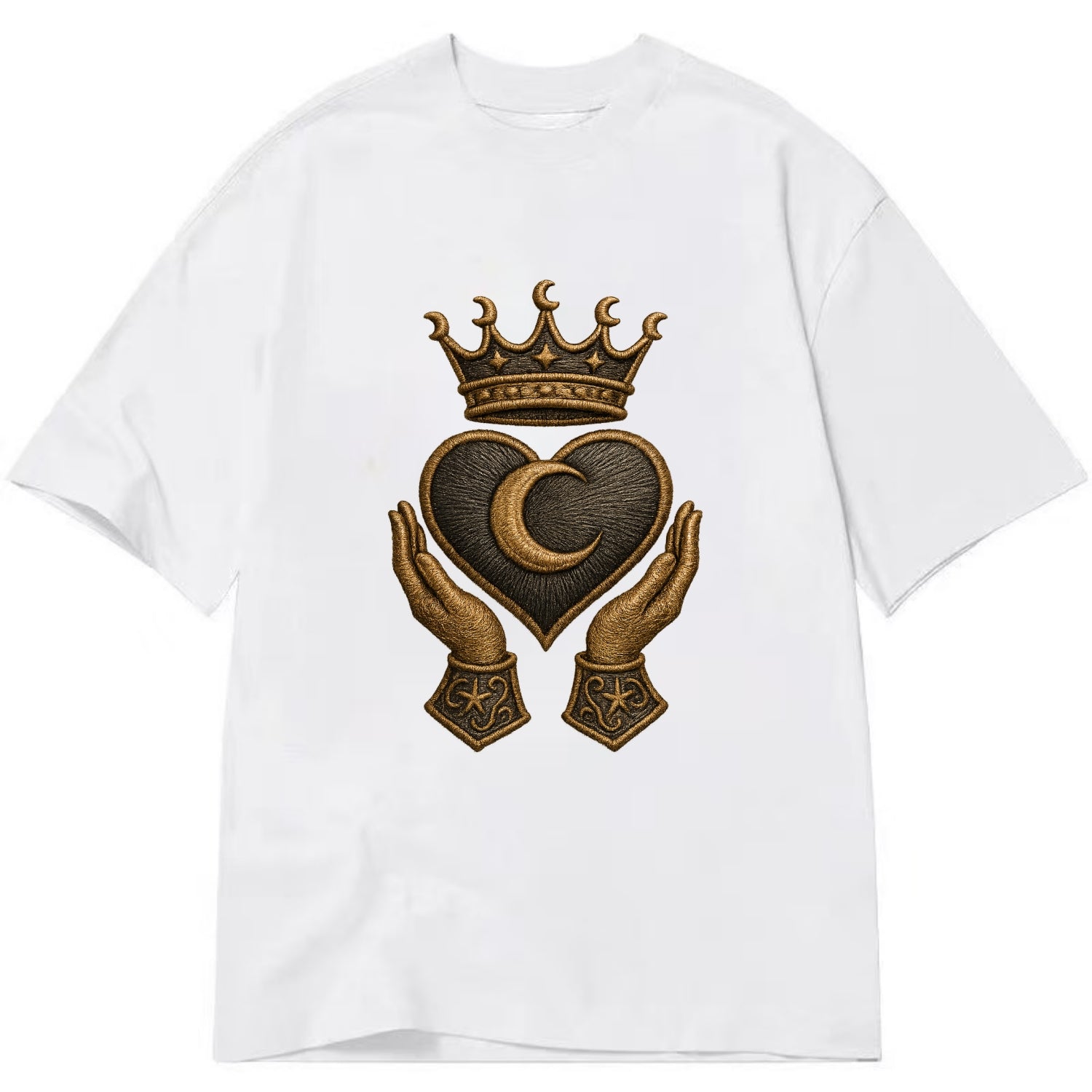 Moonlit crescent crown cradling a hematite heart with stargazer hands cupped - Classic T-shirt - White