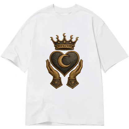 Moonlit crescent crown cradling a hematite heart with stargazer hands cupped - Classic T-shirt - White