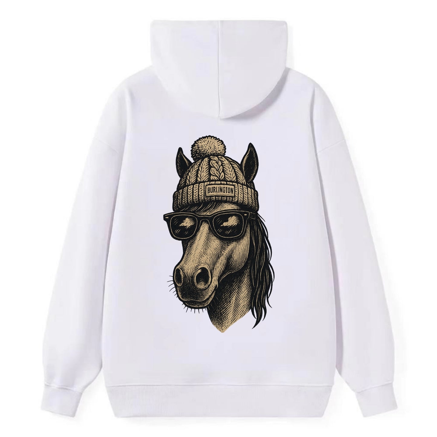 Vermont Morgan Horse wearing Burlington beanie with pom pom and wayfarer - Classic Pullover Hoodie - White