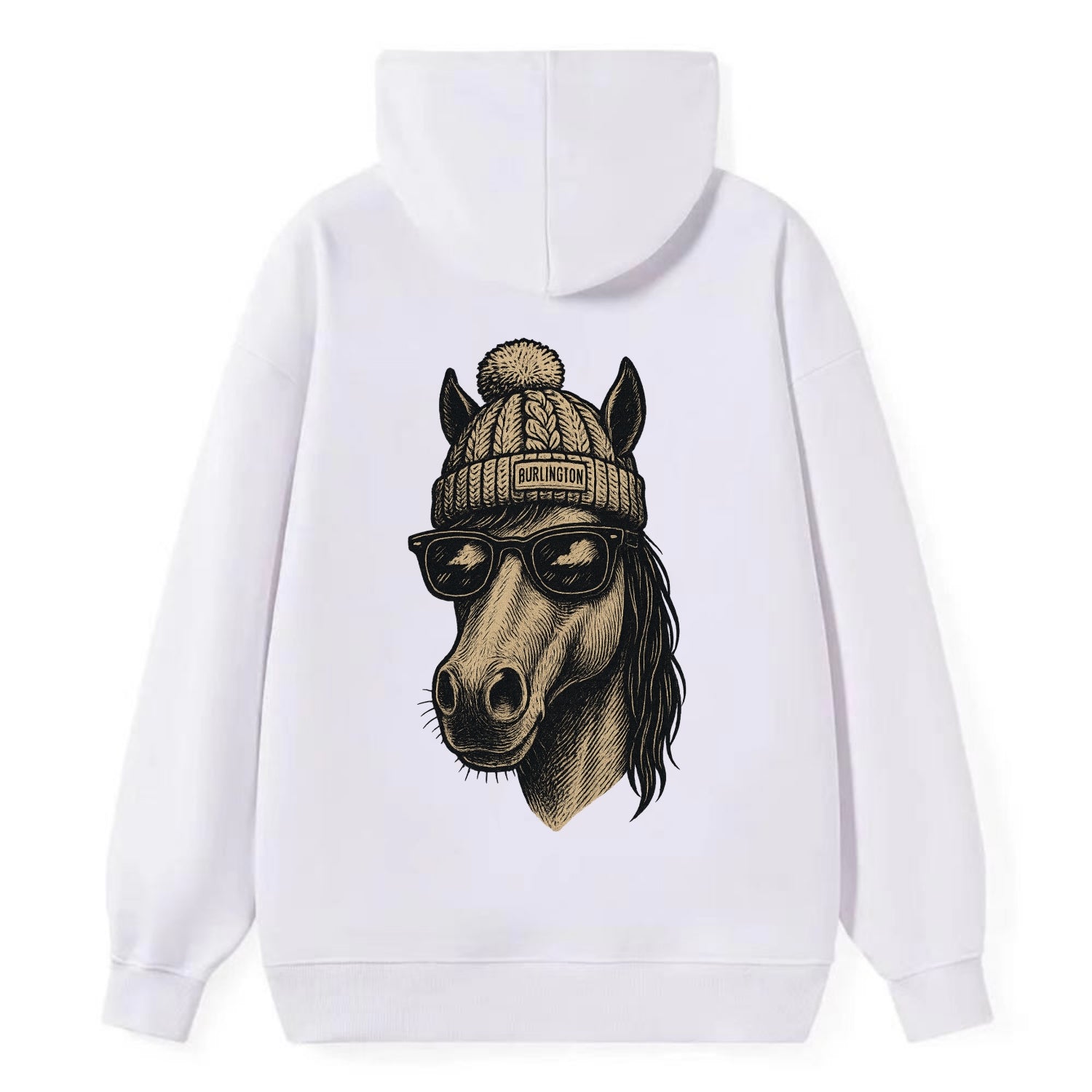 Vermont Morgan Horse wearing Burlington beanie with pom pom and wayfarer - Classic Pullover Hoodie - White