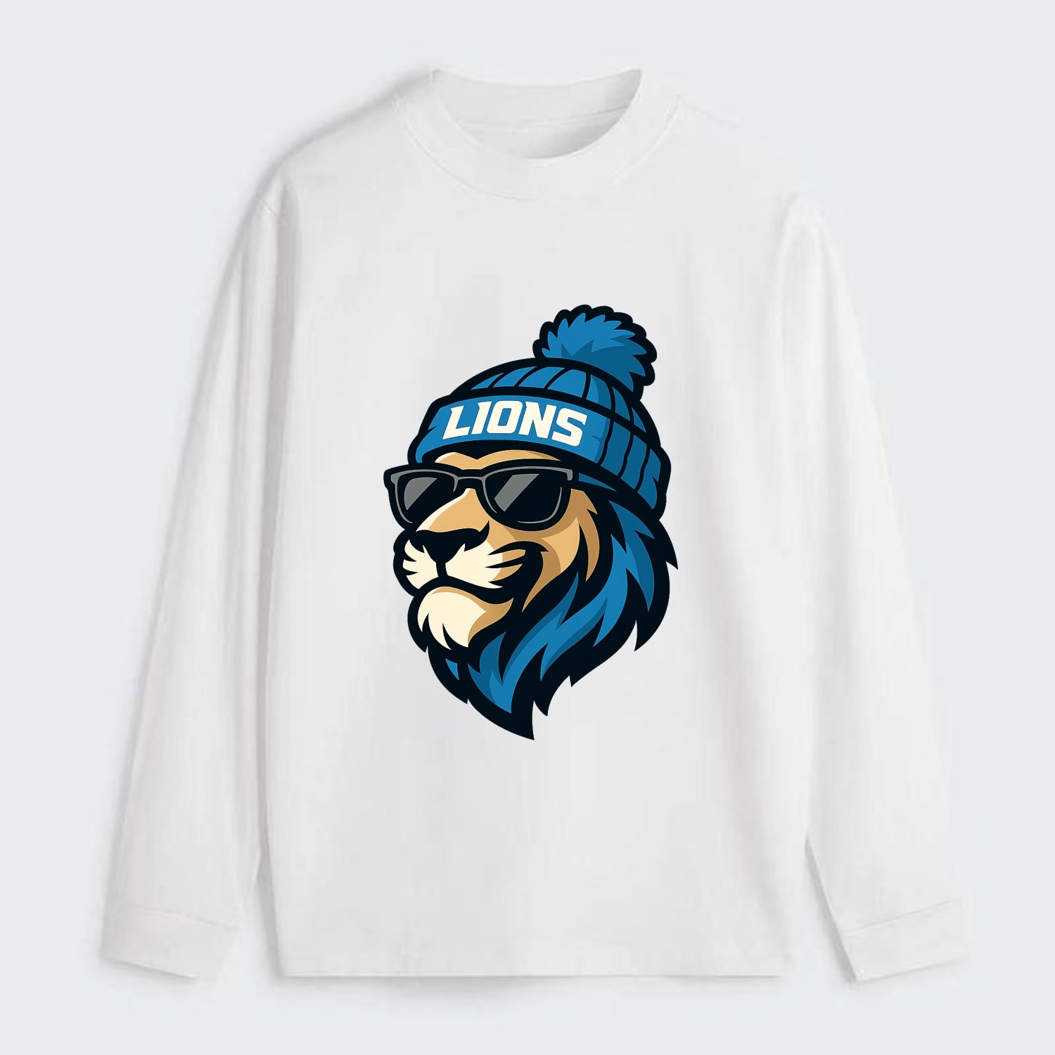 Detroit Lion wearing Lions Honolulu blue and silver beanie with pom pom - Classic Long Sleeve Shirt - White