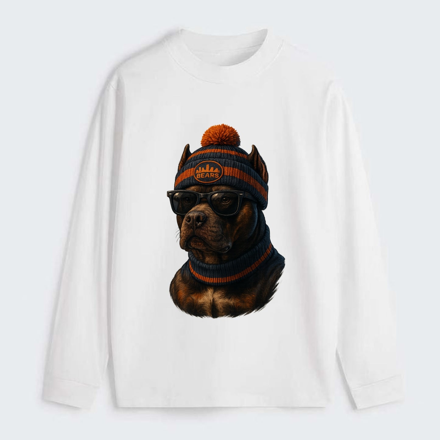 Chicago Pitbull wearing Bears beanie with skyline patch and wayfarer - Classic Long Sleeve Shirt - White