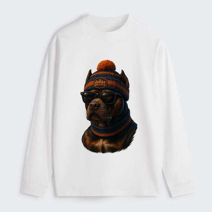 Chicago Pitbull wearing Bears beanie with skyline patch and wayfarer - Classic Long Sleeve Shirt - White