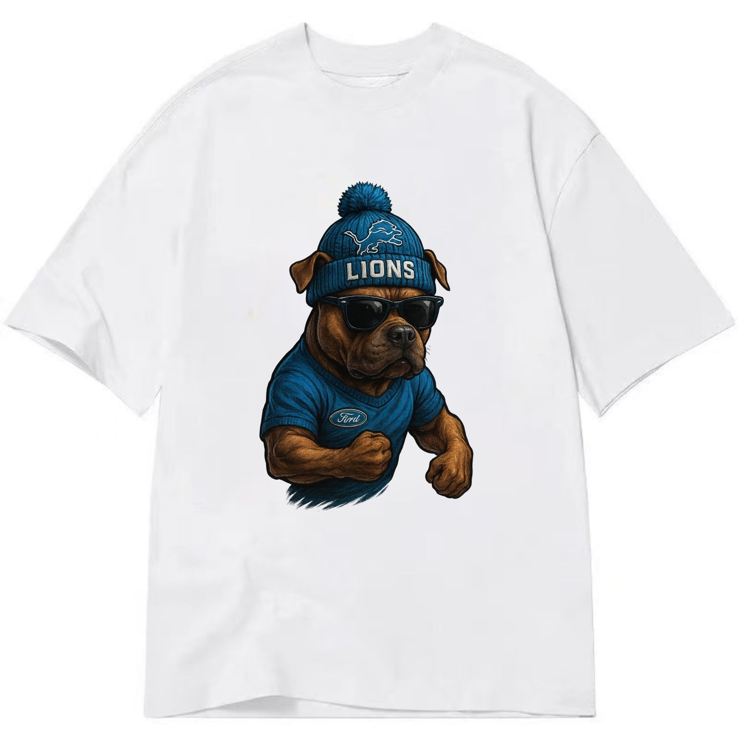 Detroit Pitbull wearing Lions beanie with auto patch and wayfarer sunglasses - Classic T-shirt - White
