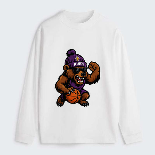 California Grizzly wearing Kings beanie with royal scepter patch and - Classic Long Sleeve Shirt - White