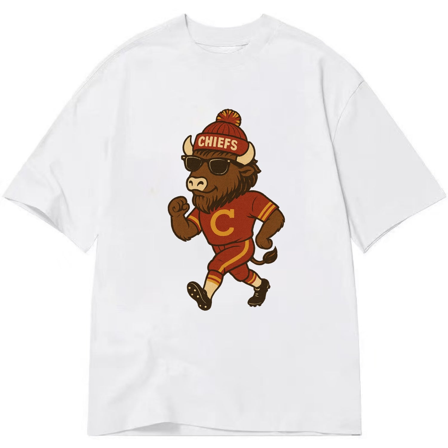 KC Bison wearing Chiefs beanie with arrowhead patch and wayfarer sunglasses - Classic T-shirt - White
